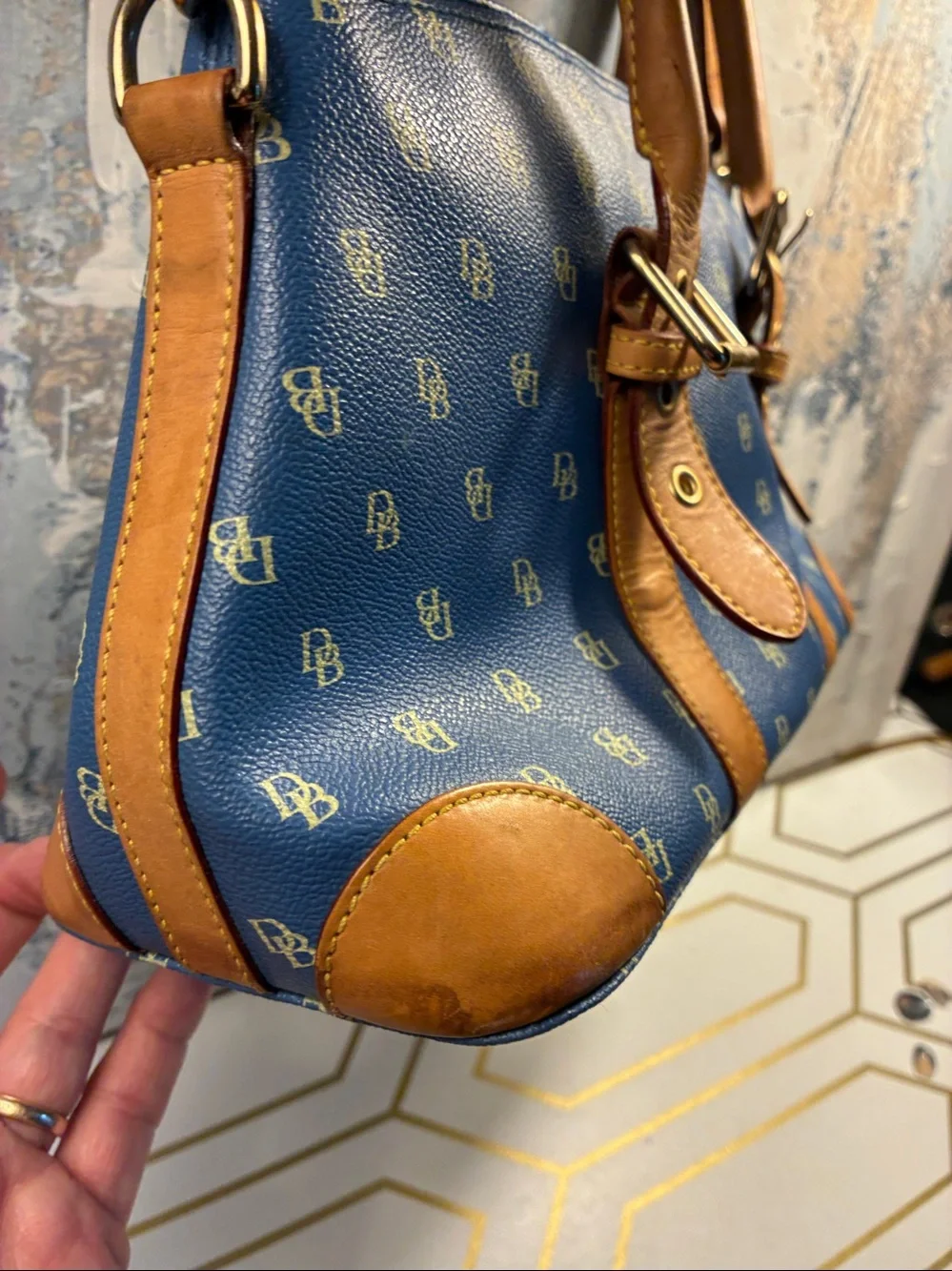 EUC Vintage Dooney and Bourke Blue Monogram Satchel with Tan Trim